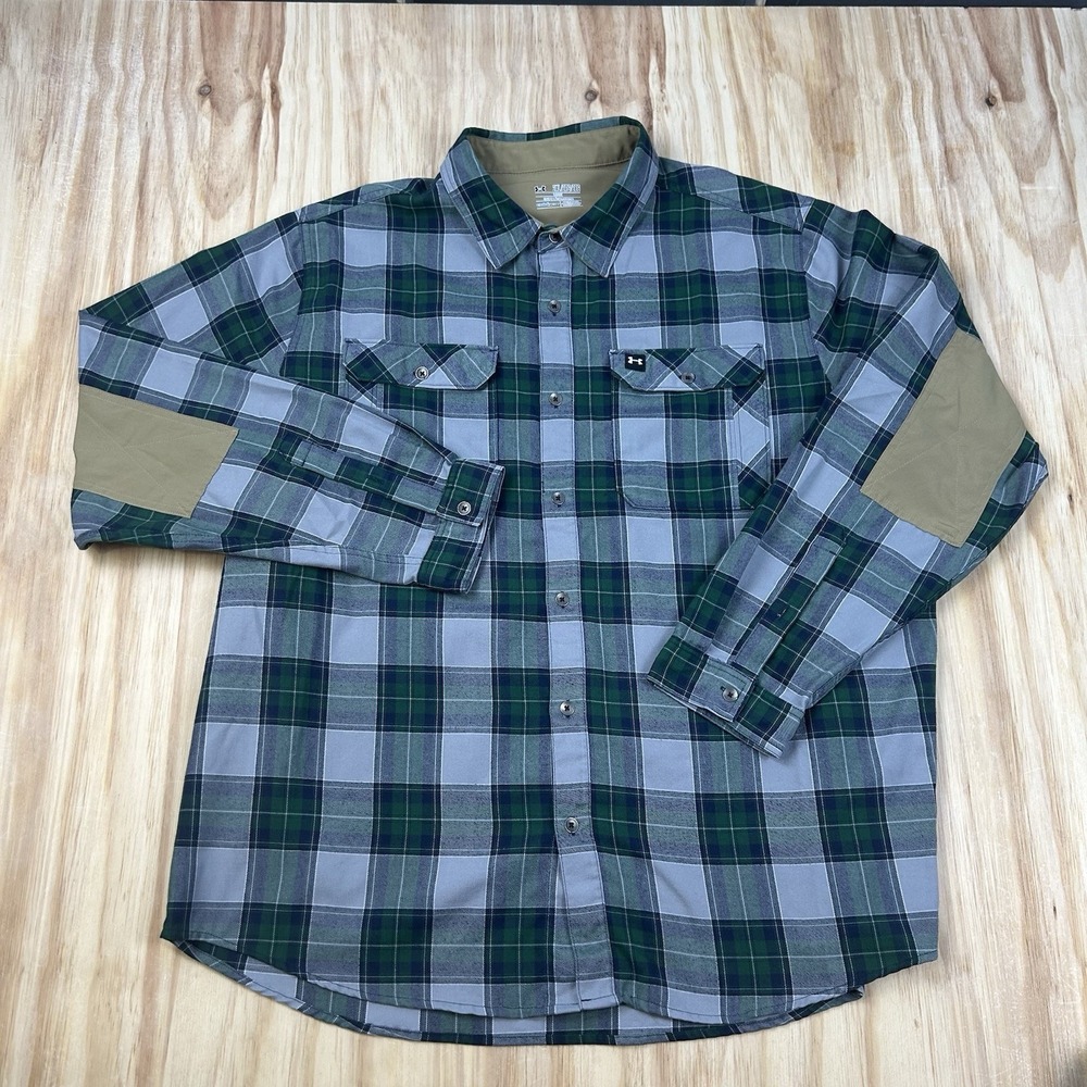 Under Armour Men's Expanse‎ Flannel Shirt 2XL Plaid Elbow Patches Green ColdGear
